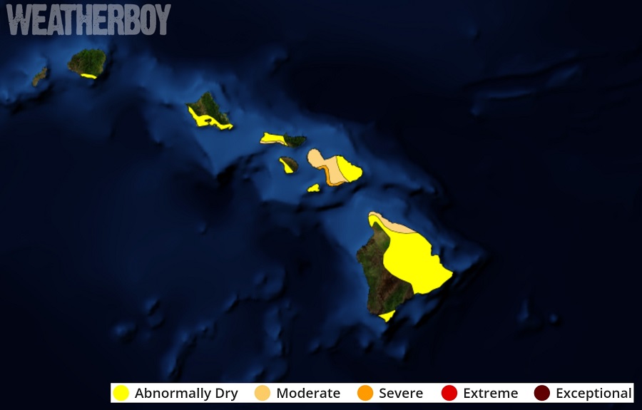 The latest Drought Monitor maps show extensive areas of dry conditions across the state of Hawaii. Image: weatherboy.com