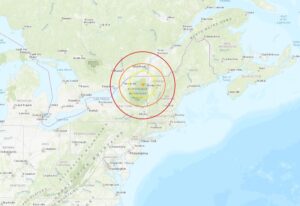 The epicenter of the New York earthquake was at the star inside the colored concentric circles. Image: USGS