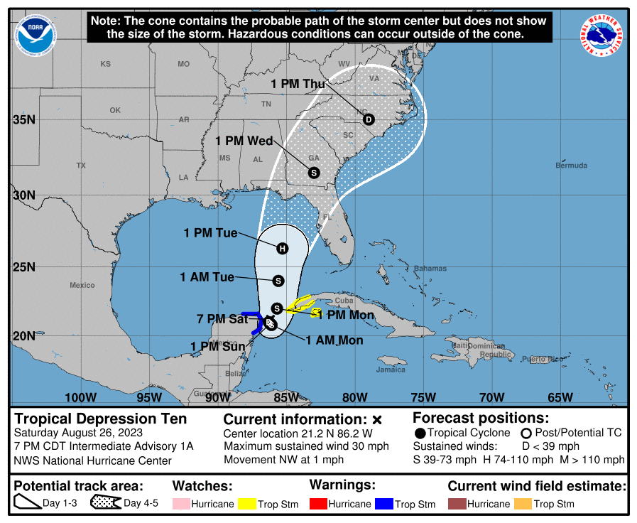 Tropical Depression #10 is forecast to become a hurricane before impacting the eastern United States, as this track from the National Hurricane Center shows. Image: NHC