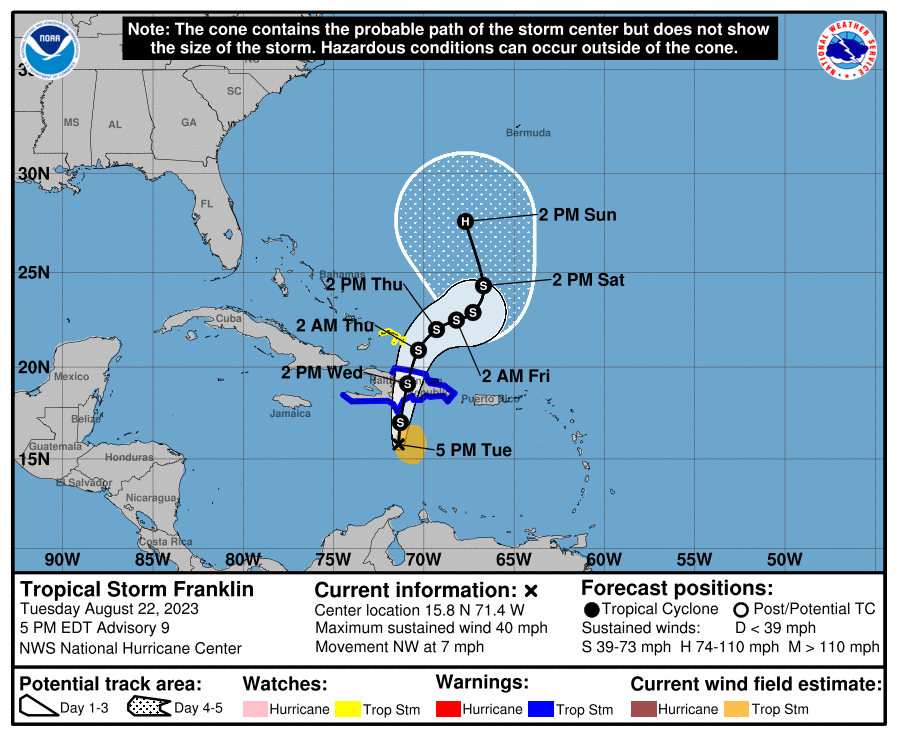 Latest official forecast track for Franklin in the Atlantic Hurricane Basin. Image: NHC