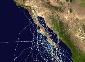 Paths of tropical cyclones from 1949 to 2000 show many cross the Baja California, but very few make their way to California. Image: NOAA