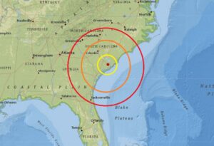 Today's earthquake in South Carolina struck at the red dot inside the concentric colored circles on this map. Image: USGS