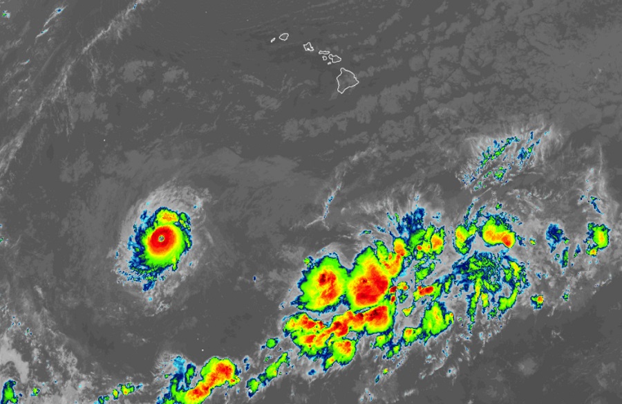 Latest satellite view from the GOES-West which shows Hurricane Dora well south and west of Hawaii and moving away. Image: NOAA