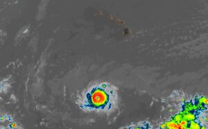 Hurricane Dora, as seen on this August 8 satellite image, is well to the south of the Hawaiian Islands. Image: NOAA