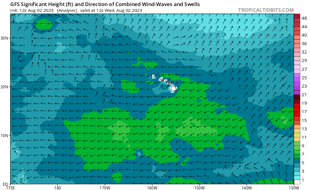 Simulated wave data from the American GFS computer forecast model shows that while the center of Dora should head well south of Hawaii, large waves and rough surf should lash the islands anyway. Image: tropicaltidbits.com