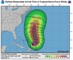 The latest forecast track with the earliest reasonable time to expect tropical storm force winds shows the system moving up along the U.S. East Coast over the next several days. Image: NHC