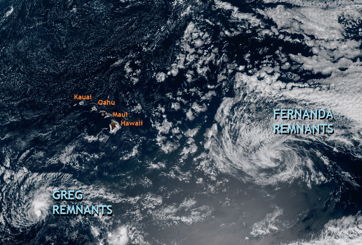 What's left of Fernanda is moving closer to Hawaii while what's left of Greg is moving away, as shown on this current GOES-West weather satellite view around Hawaii. Image: NOAA