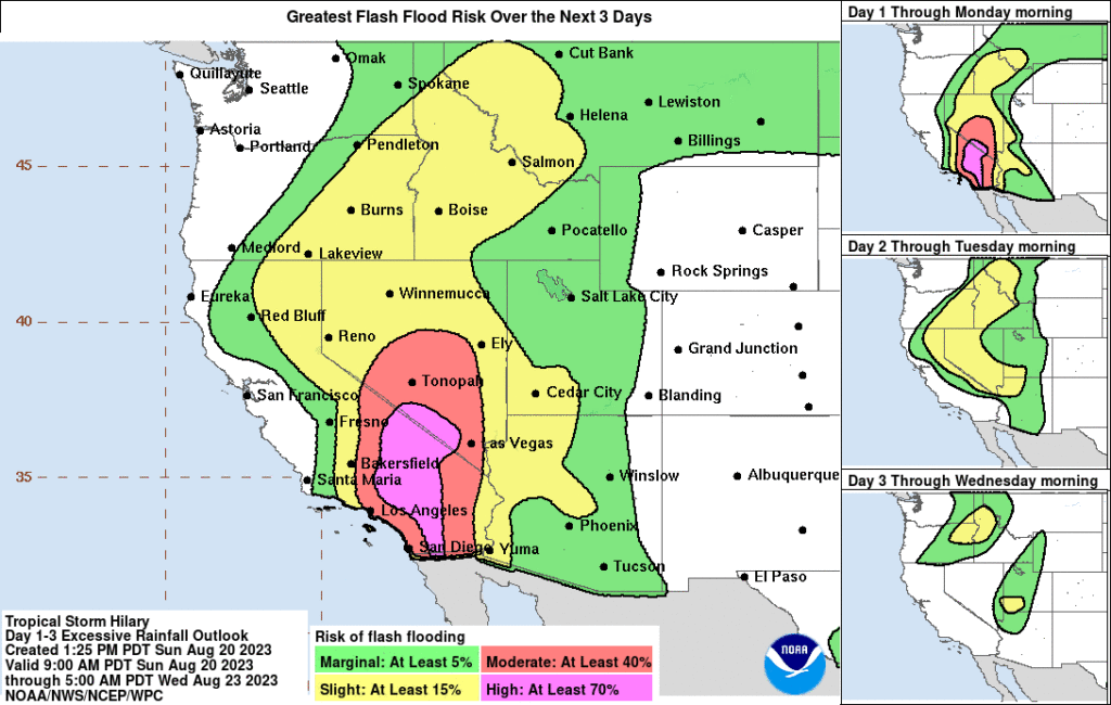 According to the National Weather Service, there is a high risk of excessive rain and epic flooding across portions of the western United States today into the next few days. Image: NWS/WPC