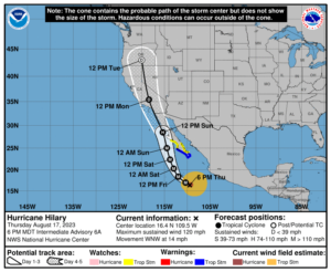 A rare sight: the National Hurricane Center brings Hilary to California as a landfalling tropical cyclone in the coming days. Image: NHC