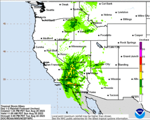 More than 10" of rain may fall in portions of California as Tropical Storm Hilary and its remnants move north into the western United States. Image: NWS / WPC