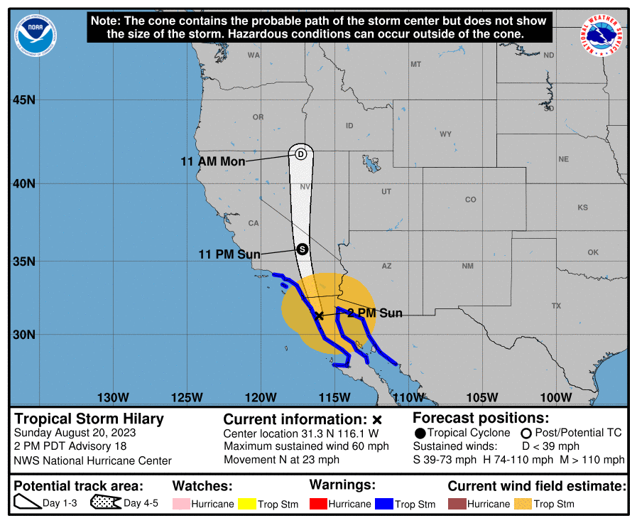 Hilary has a large wind field that is already impacting large parts of southern California where a Tropical Storm Warning remains in effect at the coast and inland. Image: NHC