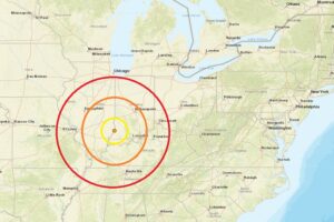 Thursday's earthquake struck at the orange dot inside the colored concentric circles on this map. Image: USGS