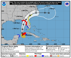 Latest forecast track and warnings for Idalia. Image: NHC