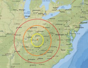 An earthquake struck at the orange dot inside the concentric colored circles today in Kentucky. Image: USGS