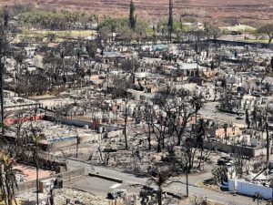 The town of Lahaina was almost entirely destroyed after wildfires in a significant fire weather event burned through western Maui, claiming buildings and lives at it did so. Image: Hawaii DLNR