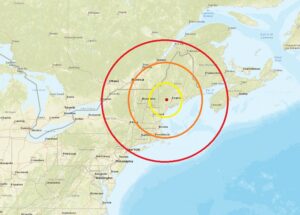 An earthquake struck Maine this evening at the red dot located inside the concentric colored circles. Image: USGS