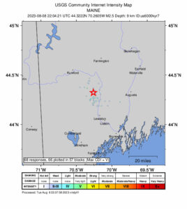 Map illustrating where today's earthquake was felt in southern Maine. Image: USGS