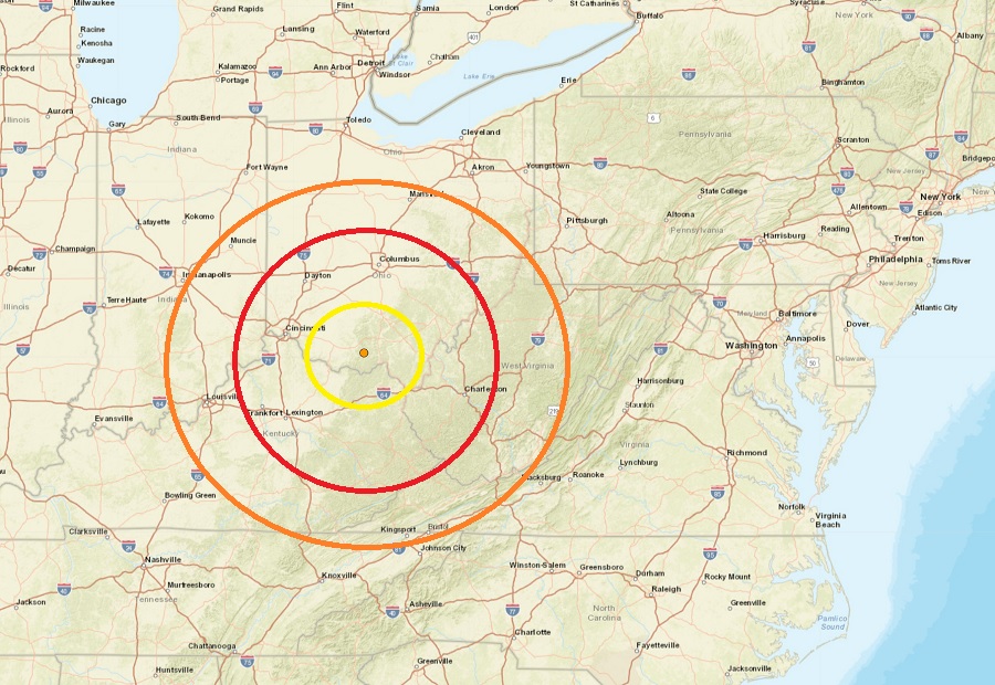The epicenter of today's earthquake was at the orange dot inside the colored concentric circles on this map.  Image: USGS