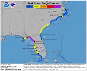 An epic storm surge of 10-15' is possible, with high tides and large waves above/beyond this number. Image: NHC