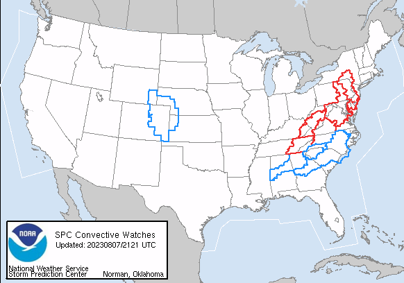 Tornado Watches in red and Severe Thunderstorm Watches in blue have been posted by the Storm Prediction Center for large parts of the eastern United States. Image: SPC