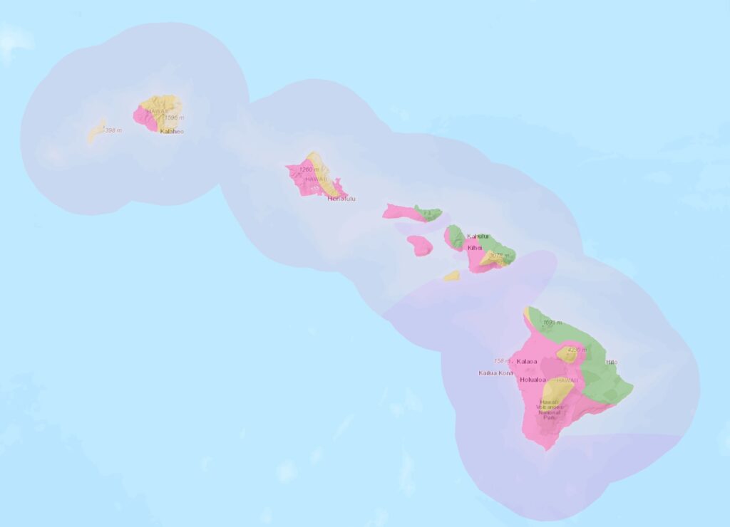 Red Flag Warnings are up across Hawaii in the pink portions of this map. Image: Hawaii County Civil Defense