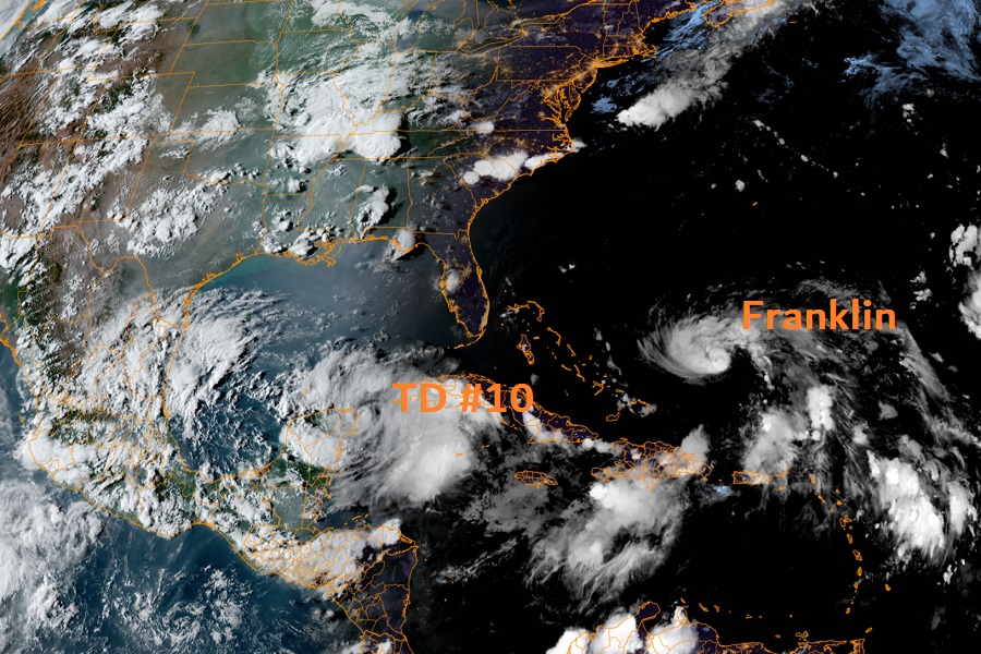 Latest satellite view shows Tropical Depression #10 taking shape while Hurricane Franklin is getting stronger. Image: NOAA