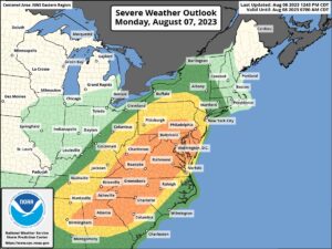The Storm Prediction Center has a large area of the eastern U.S. identified as a potential hazard zone for severe thunderstorms tomorrow. While there's a chance of thundershowers in the light green area, there's a risk of severe thunderstorms in the dark green area. That risk grows in the yellow zone, with the orange zone having the highest chance of severe storms on Monday. Image: SPC