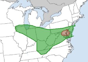The shaded region on this map shows where there is an elevated threat of tornadoes on Monday, with the brown area within the green area showing an even higher risk zone. Anyone in any shaded zone should be prepared should tornadoes materialize. Image: NWS SPC