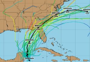 Various computer models are in general agreement that a tropical cyclone will form and move into Florida and up portions of the East Coast in the coming days. These lines indicate potential storm tracks by each model. Image: tropicaltidbits.com