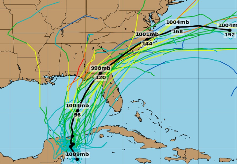 Various computer models are in general agreement that a tropical cyclone will form and move into Florida and up portions of the East Coast in the coming days. These lines indicate potential storm tracks by each model. Image: tropicaltidbits.com