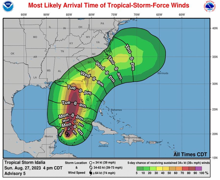 Most likely arrival time of at least tropical storm force winds over the coming days from Idalia which should strike the U.S. as a hurricane. Image: NHC