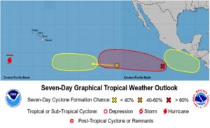 The Central Pacific Hurricane Center and the National Hurricane Center are tracking the possibility new tropical cyclones will form and head closer to Hawaii with time. Image: CPHC/NHC