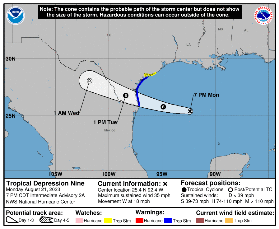 Tropical Depression #9 is forecast to become a Tropical Storm and strike Texas. Image: NHC