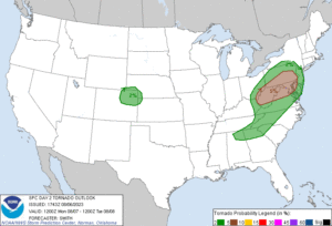 The latest Tornado Outlook from the Storm Prediction Center shows an elevated risk of tornadic thunderstorms in the green area, with the highest threat zone being in the brown area. Image: SPC