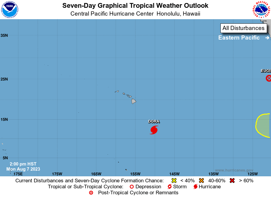 There are no other immediate tropical cyclone threats around Hawaii. However, the National Hurricane Center is monitoring a disturbance in the eastern Pacific (shaded in yellow) that could be an area of concern in about a week. Image: CPHC / NHC