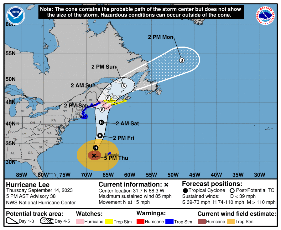 Current track and watches/warnings for Hurricane Lee. Image: NHC
