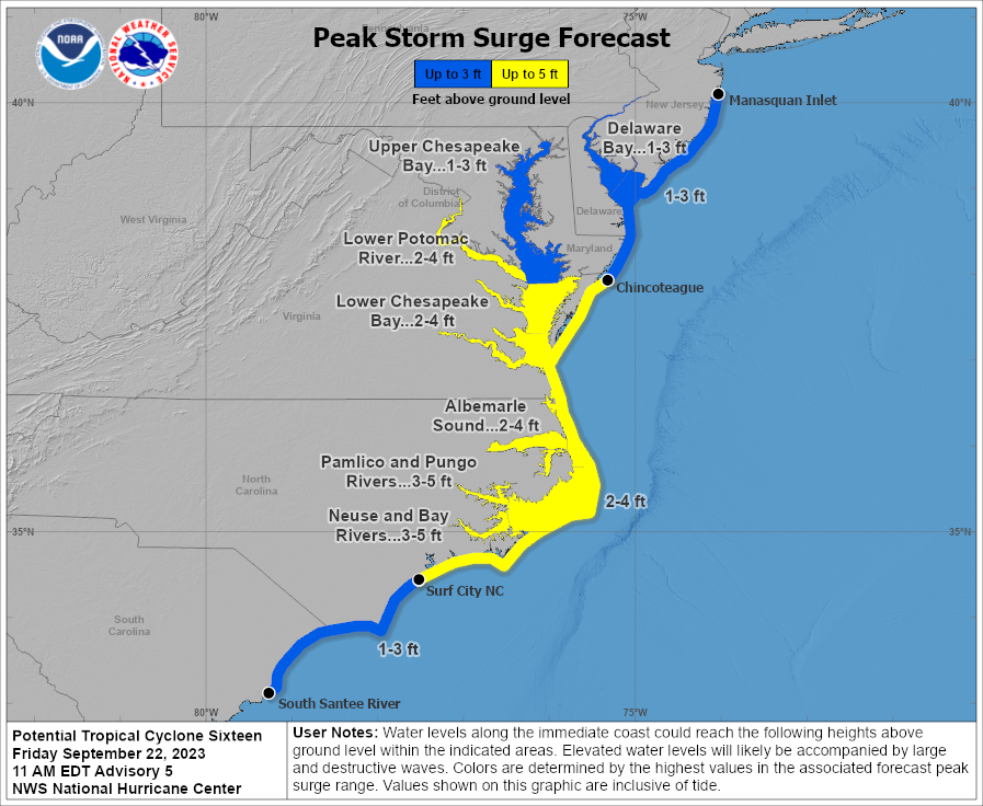 Ophelia is expected to produce a significant storm surge across a wide portions of the U.S. East Coast. Image: NHC