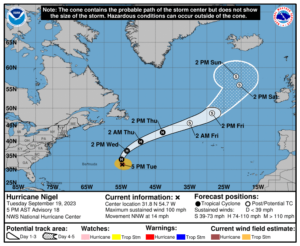 Latest forecast track for Hurricane Nigel. Image: NHC