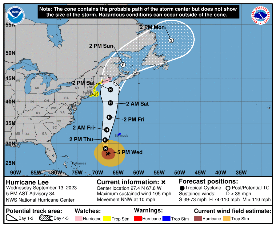 Latest official track for Lee. Note; this cone only shows where the center of the storm will travel. The hurricane is much larger. Image: NHC