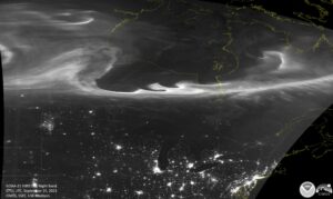 A NOAA weather satellite was able to observe the glow created by the aurora in the geomagnetic storm late last night. Image: NOAA