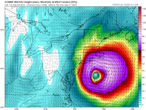 The latest deterministic run of the European ECMWF forecast model shows Hurricane Lee coming up the Jersey Shore with the eye of the storm about to make landfall on Long Island by next weekend. It is too early to know whether or not this model is accurately depicting the future track of the storm. Image: tropicaltidbits.com