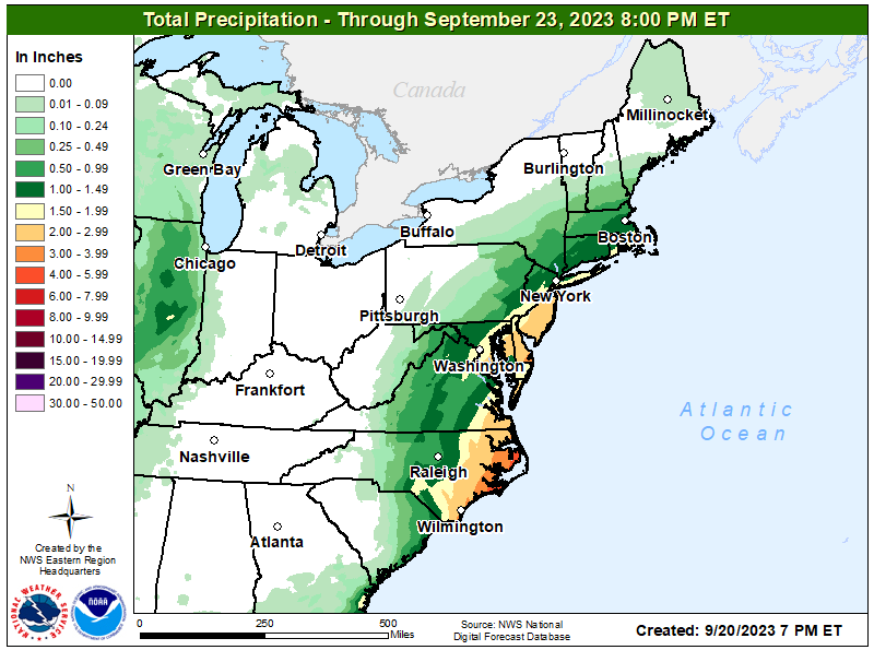 A storm moving up the east coast will bring heavy, soaking rains to portions of the Mid Atlantic Friday into Saturday. Some parts of North Carolina, Virginia, Maryland, Delaware, and New Jersey could get 3-5" of rain before the storm wraps up this weekend. Image: NWS