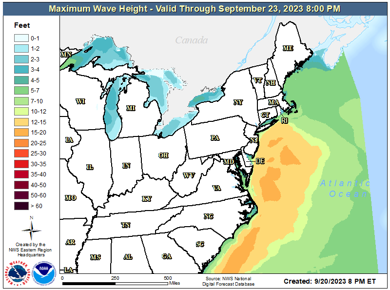 In addition to significant wave-action just off-shore, this storm will also create coastal erosion and flooding in the Mid Atlantic. Image: NWS