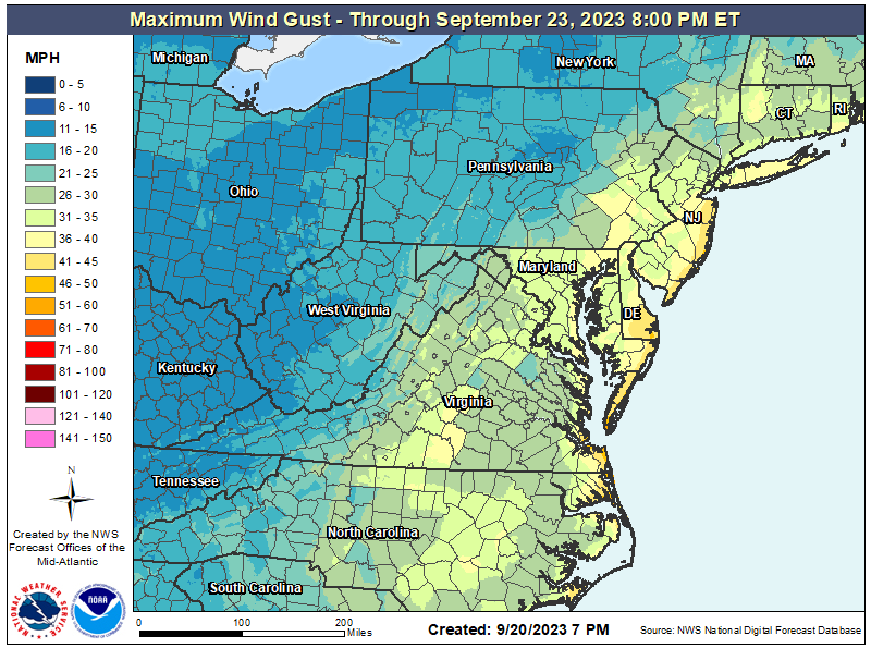 Strong winds are likely across the Mid Atlantic, with the strongest winds expected around the Jersey Shore, Delaware Beaches, and the Maryland and Virginia Atlantic coast. Image: NWS