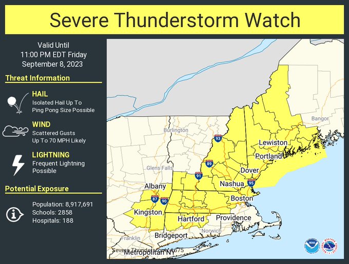 The areas in yellow are under a Severe Thunderstorm Watch. Image: NWS