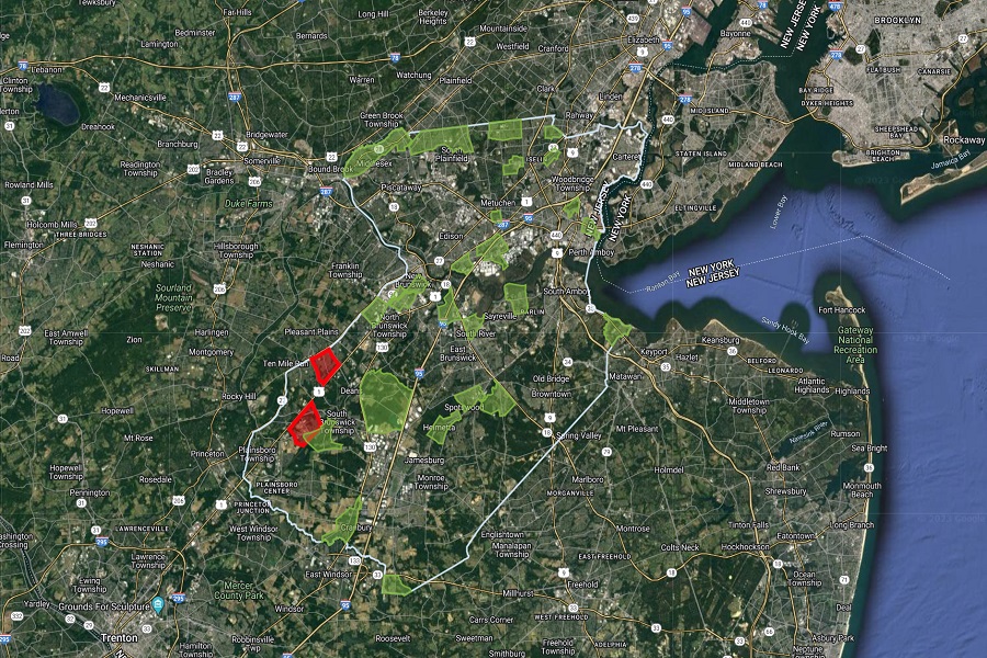 The area in red will be sprayed with a potentially harmful chemical to rid the area of mosquitos. The areas in green were already sprayed in recent days and weeks. Image: Middlesex County Mosquito Extermination Commission