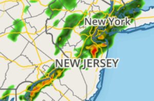 RADAR shows heavy showers and storms barely moving over portions of New Jersey at this hour, creating flood problems. Image: weatherboy.com