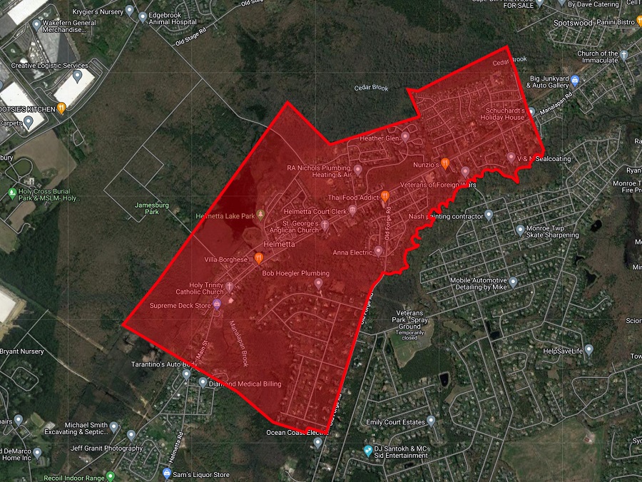 The area in red is planned to be sprayed by the chemical and people are urged to remain indoors during the event. Image: Middlesex County Mosquito Extermination Commission