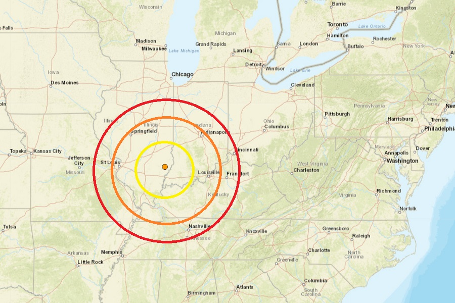 The earthquake struck Illinois today; the orange dot inside the concentric circles is where the epicenter was. Image: USGS