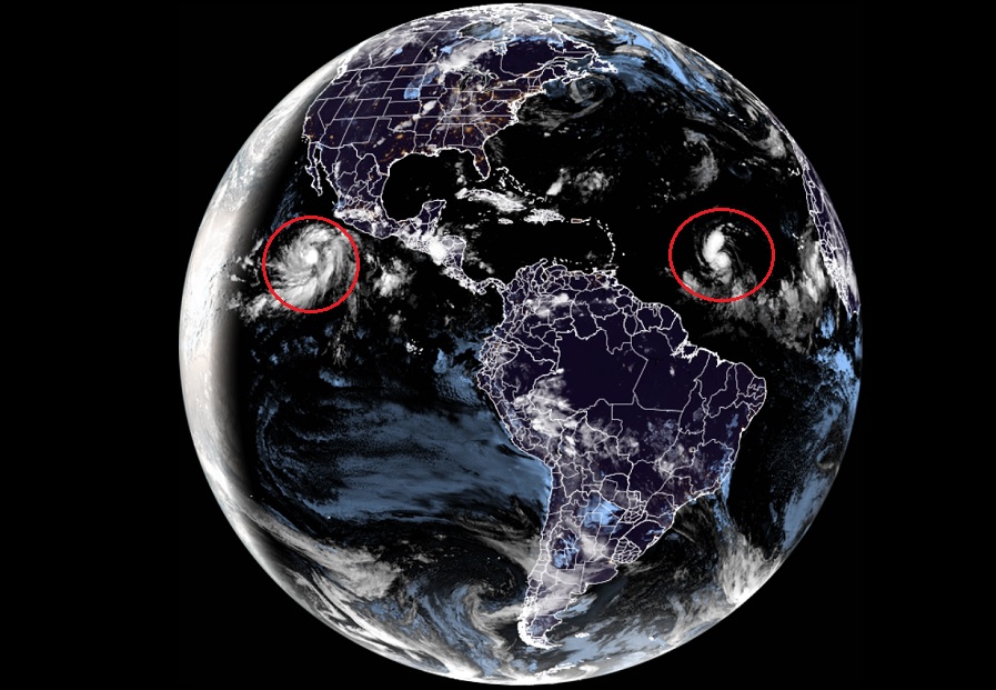 Current view of Earth from the GOES-East Weather Satellite shows Jova in the Pacific circled in red while also circled in red in the Atlantic is Lee. Both are forecast to become major hurricanes. Image: NOAA